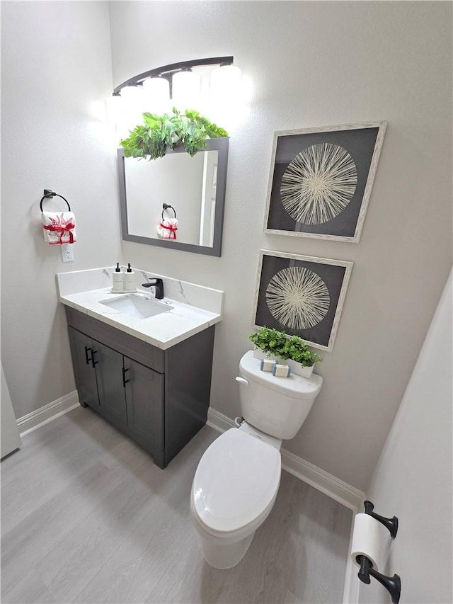 bathroom featuring wood-type flooring, toilet, and vanity