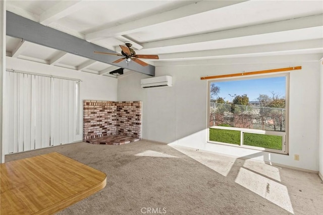 unfurnished living room with vaulted ceiling with beams, ceiling fan, a wall mounted air conditioner, and carpet flooring