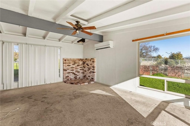 interior space with ceiling fan, lofted ceiling with beams, and a wall mounted AC