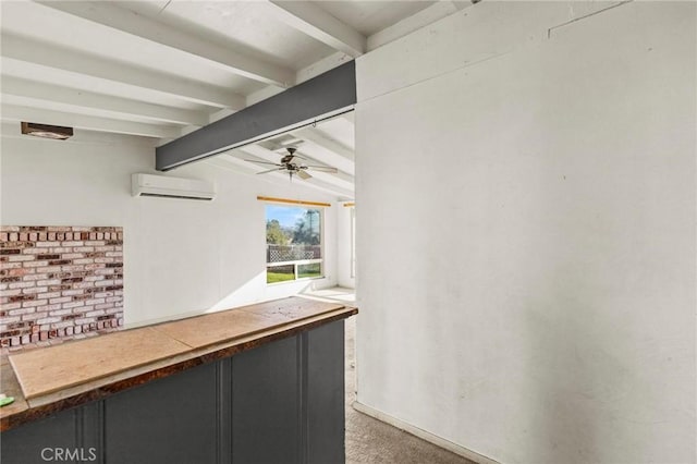 interior space featuring a wall mounted air conditioner, vaulted ceiling with beams, and carpet flooring