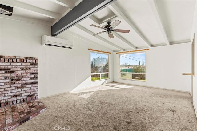 interior space with lofted ceiling with beams, ceiling fan, and a wall mounted air conditioner