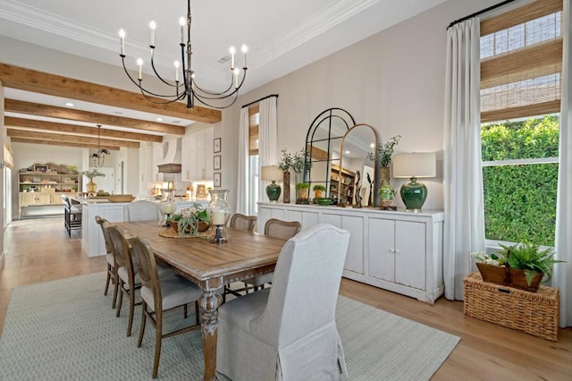 dining room featuring beam ceiling, a chandelier, and light wood-type flooring