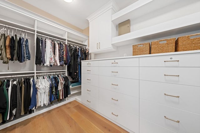 walk in closet with light hardwood / wood-style floors