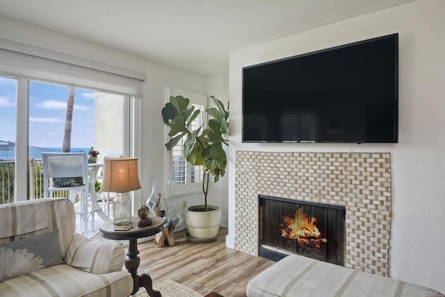 living room with hardwood / wood-style flooring and a brick fireplace