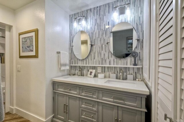 bathroom with tasteful backsplash, vanity, and wood-type flooring