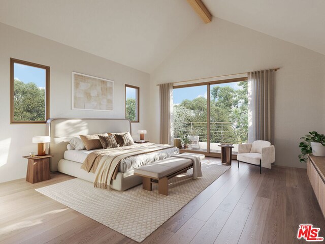 bedroom featuring beam ceiling, high vaulted ceiling, and hardwood / wood-style floors