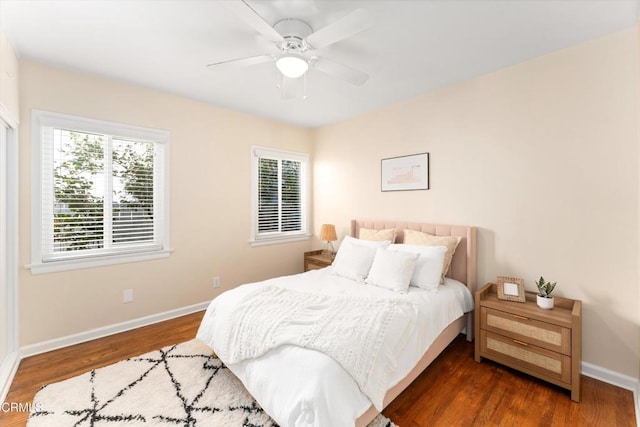 bedroom featuring ceiling fan, dark hardwood / wood-style flooring, and multiple windows