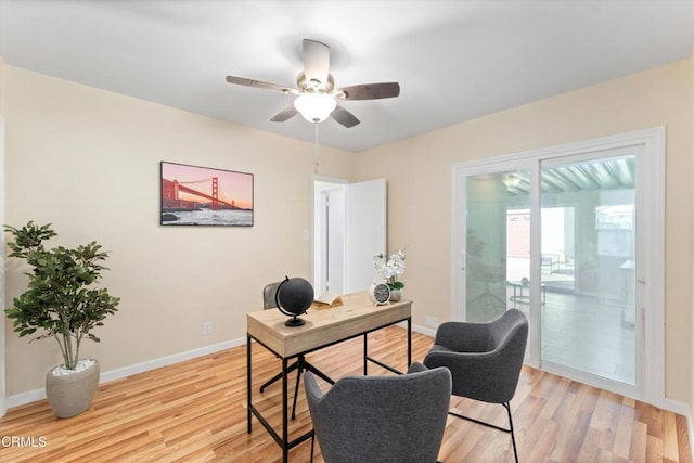 office area with ceiling fan and light wood-type flooring