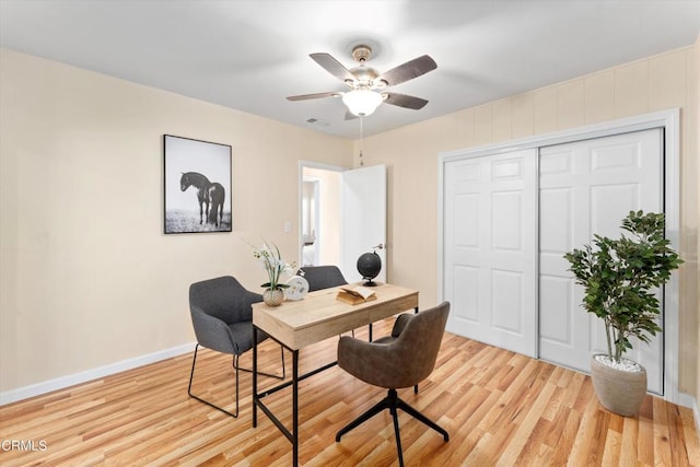 office area featuring light wood-type flooring and ceiling fan