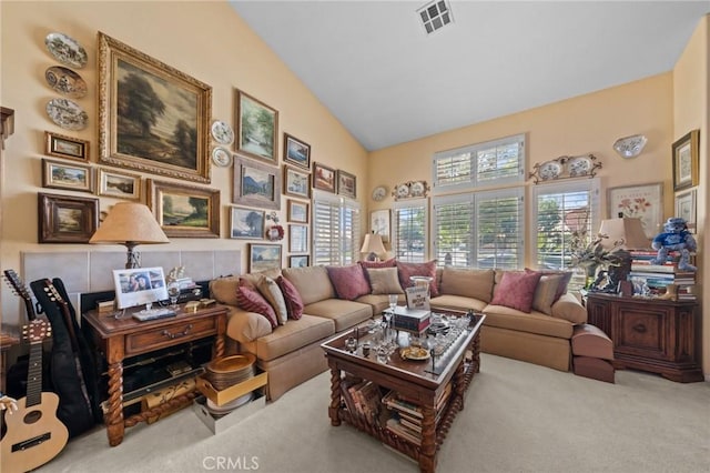 living room featuring light colored carpet and lofted ceiling