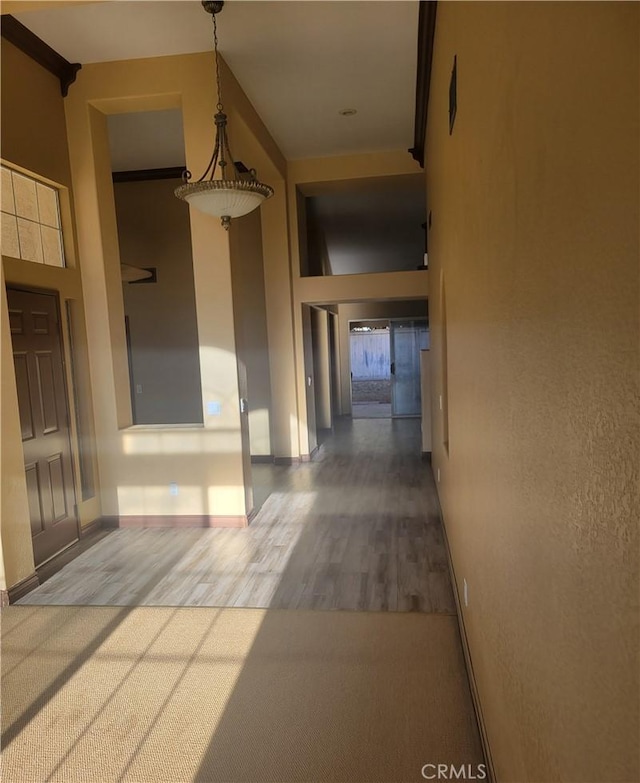 hall featuring hardwood / wood-style flooring and a towering ceiling