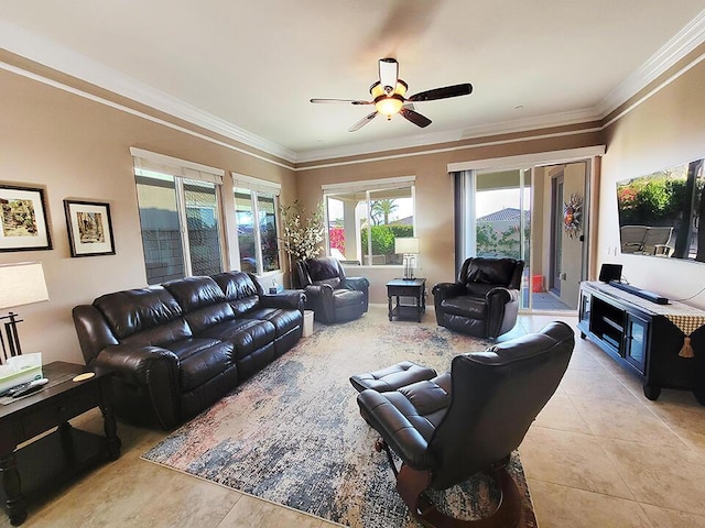 tiled living room with ceiling fan and crown molding