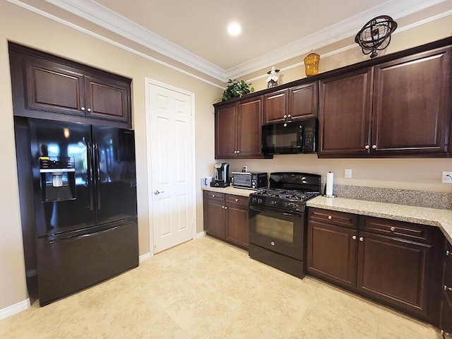 kitchen featuring black appliances, dark brown cabinets, light stone counters, and ornamental molding