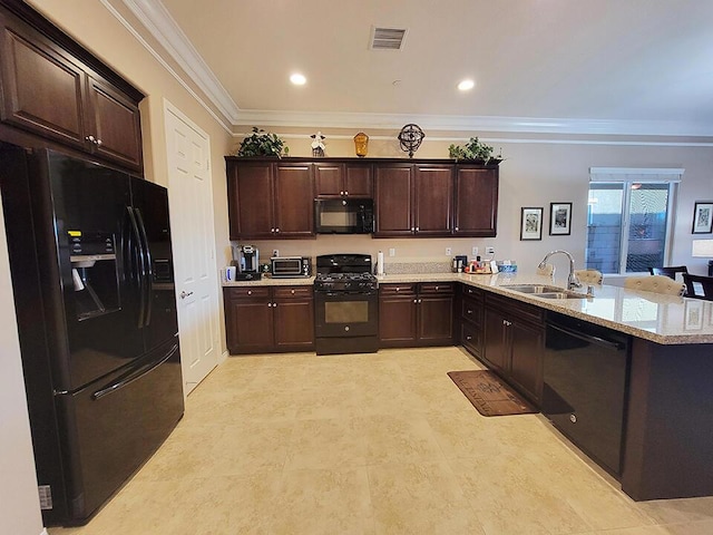 kitchen with dark brown cabinetry, black appliances, sink, ornamental molding, and kitchen peninsula