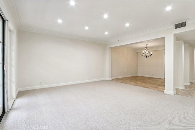 unfurnished room featuring ornamental molding, light carpet, and an inviting chandelier