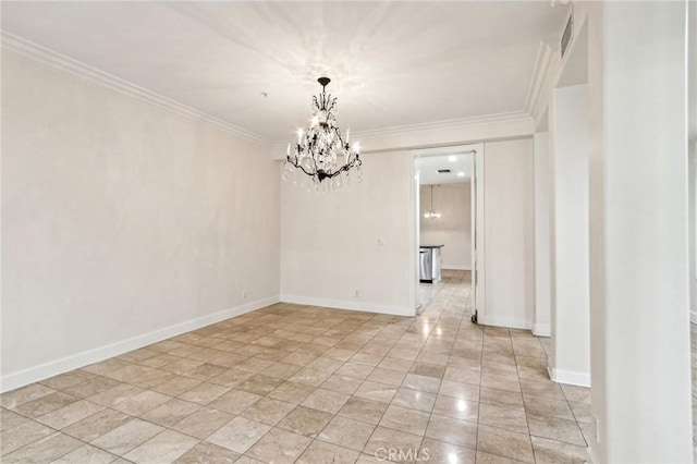 unfurnished dining area featuring crown molding and a notable chandelier