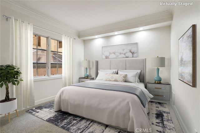 bedroom with carpet and ornamental molding