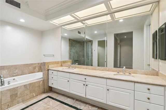 bathroom featuring independent shower and bath, crown molding, and vanity