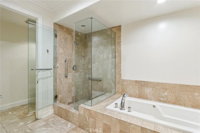 bathroom featuring shower with separate bathtub