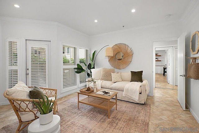 living room featuring crown molding