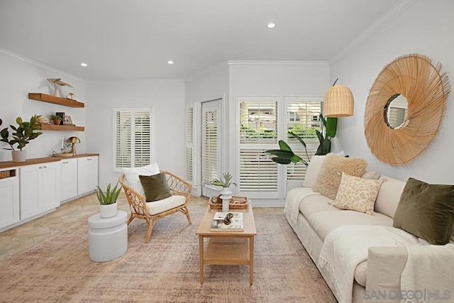 living room with ornamental molding