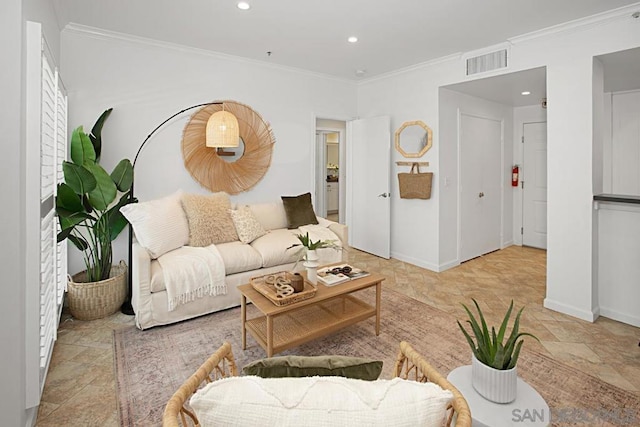 living room featuring crown molding