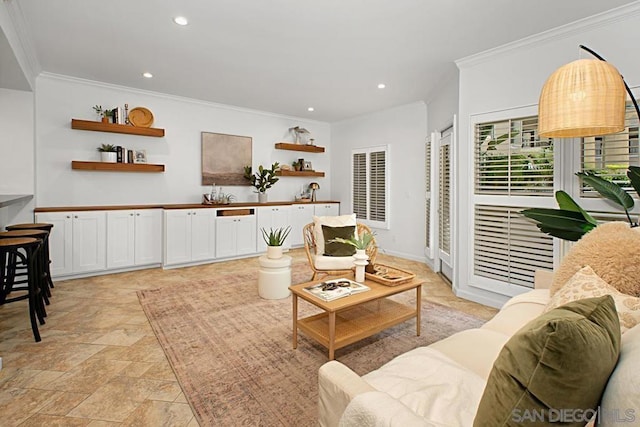 living room featuring crown molding