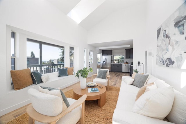 living room with high vaulted ceiling and wood-type flooring