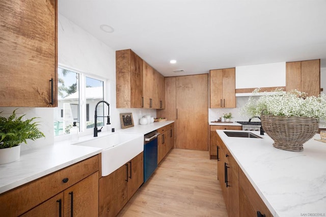 kitchen featuring dishwasher, sink, and light hardwood / wood-style floors