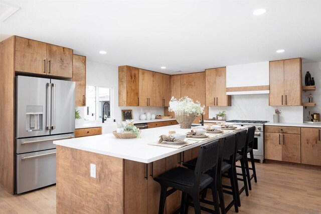 kitchen featuring premium appliances, light hardwood / wood-style flooring, backsplash, and a center island