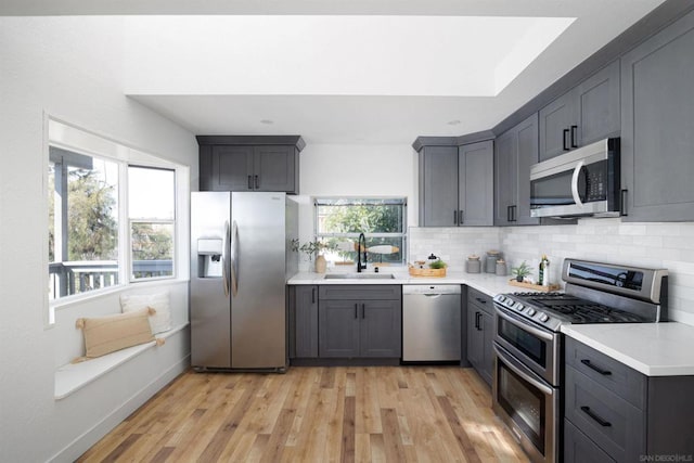 kitchen with stainless steel appliances, gray cabinetry, decorative backsplash, light hardwood / wood-style flooring, and sink