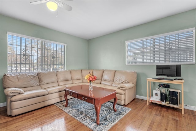 living room featuring ceiling fan, a wealth of natural light, and hardwood / wood-style floors