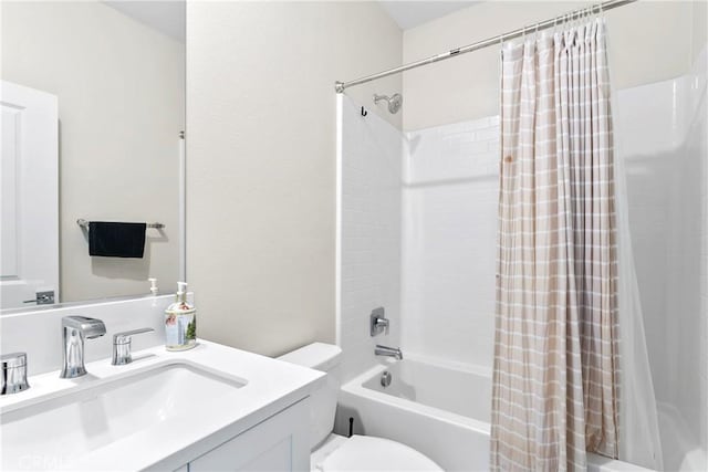 full bathroom with toilet, shower / bathtub combination with curtain, and vanity