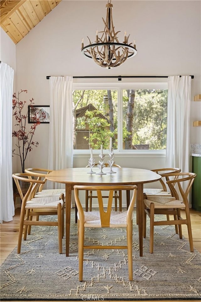 dining room featuring lofted ceiling, wooden ceiling, a notable chandelier, and hardwood / wood-style flooring