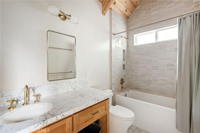 full bathroom featuring toilet, vanity, lofted ceiling, and shower / bath combo