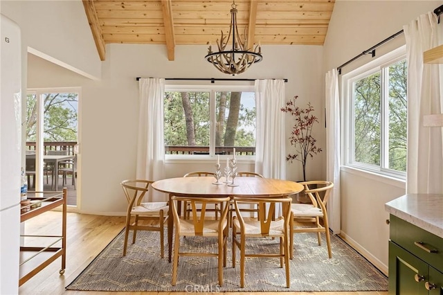 dining room with light hardwood / wood-style floors, a notable chandelier, wood ceiling, and vaulted ceiling with beams