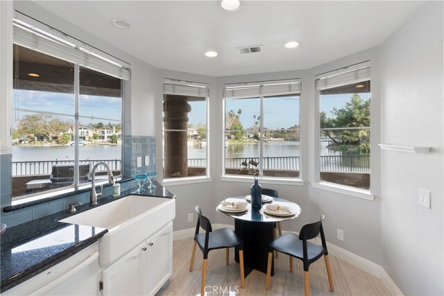 interior space featuring a water view, light hardwood / wood-style flooring, and sink