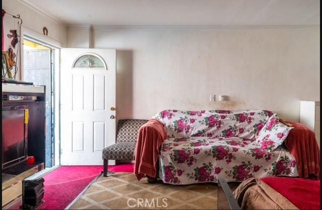 living room with crown molding