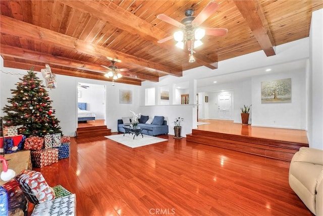 living room with hardwood / wood-style flooring, wooden ceiling, and beam ceiling