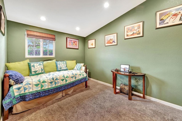 carpeted living room featuring lofted ceiling