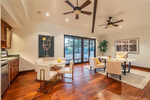 dining area with dark wood-type flooring, ceiling fan, vaulted ceiling with beams, and french doors