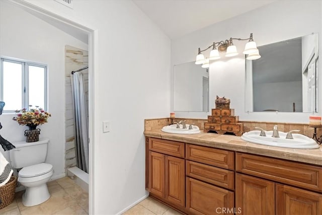 bathroom with toilet, a shower with shower curtain, backsplash, lofted ceiling, and vanity