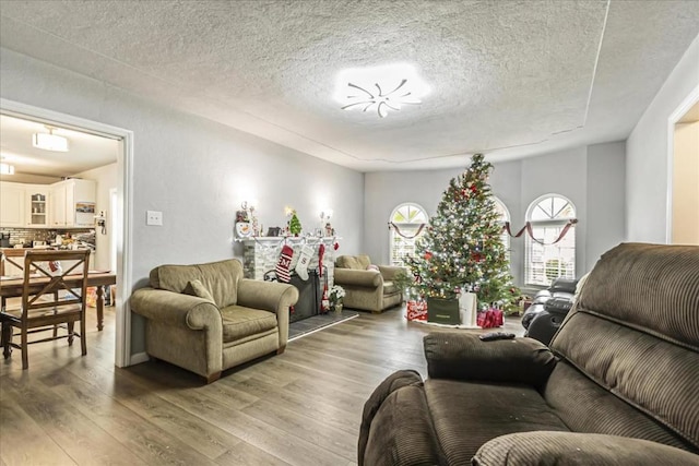 living room with hardwood / wood-style flooring and a textured ceiling