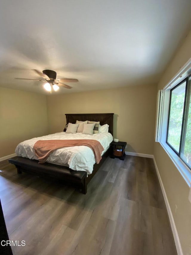 bedroom featuring ceiling fan and dark hardwood / wood-style flooring