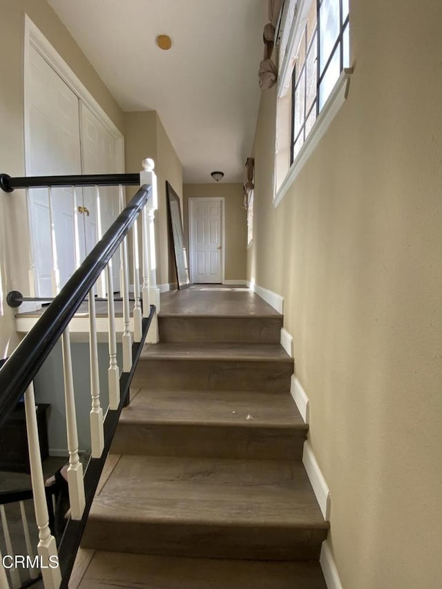 stairway with hardwood / wood-style floors