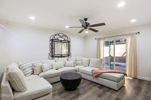 living area with a ceiling fan, dark wood-style floors, recessed lighting, crown molding, and baseboards