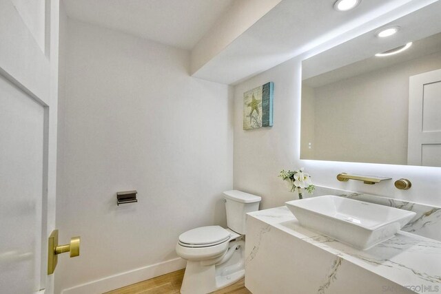 bathroom featuring sink, wood-type flooring, and toilet