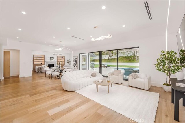 living room with light hardwood / wood-style flooring