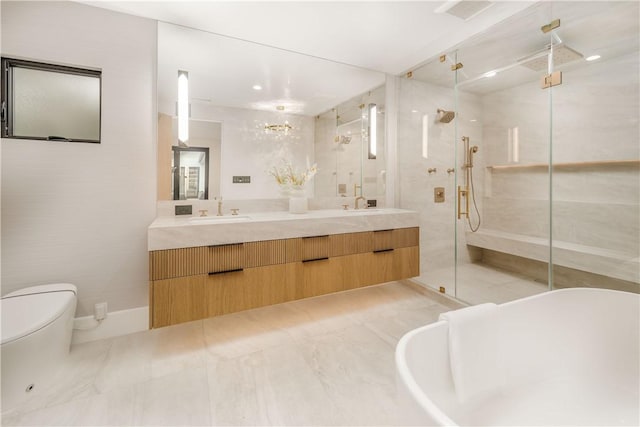 full bathroom with toilet, tile patterned floors, separate shower and tub, and vanity