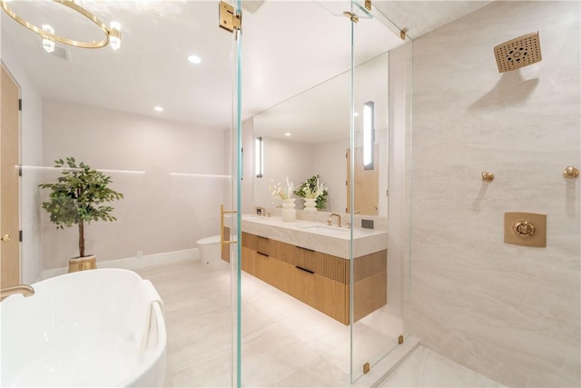 full bathroom featuring toilet, vanity, and shower with separate bathtub